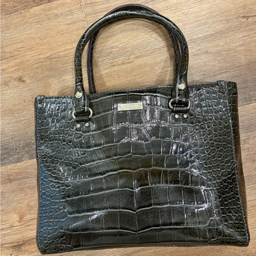 Kate Spade Green Patent Crocodile Embossed Tote Bag Top Handle Purse